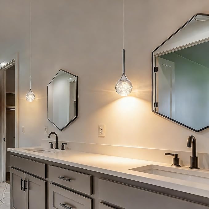 Modern Crystal Pendant Lighting for Kitchen Island Chrome Mini Globe Chandelier Bubble Crystal Dimmable LED Hanging Light Fixtures for Bedroom Bar Bathroom 2-Pack, 3000K