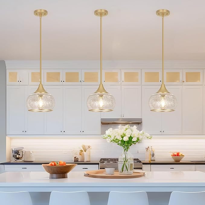 Gold Pendant Light - Modern Pendant Lights Kitchen Island with Handblown Glass, Vintage Hanging Light for Kitchen with Adjustable Height, Lithging Fixture for Dining Room Sink