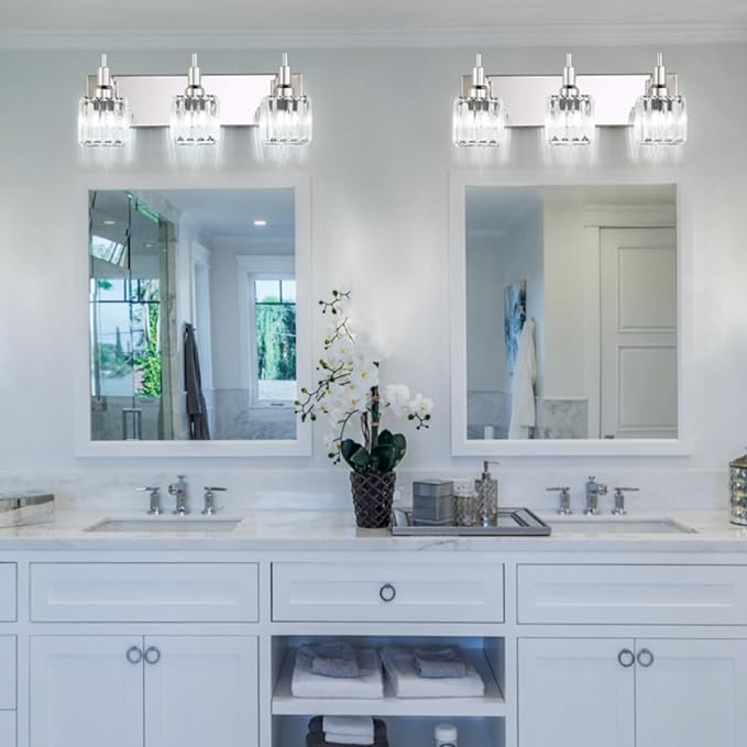 Modern Crystal Bathroom Vanity Light 3-Light Wall Light Fixtures Over Mirror Chrome Vanity Lighting for Bathroom Square Shade Wall Sconce