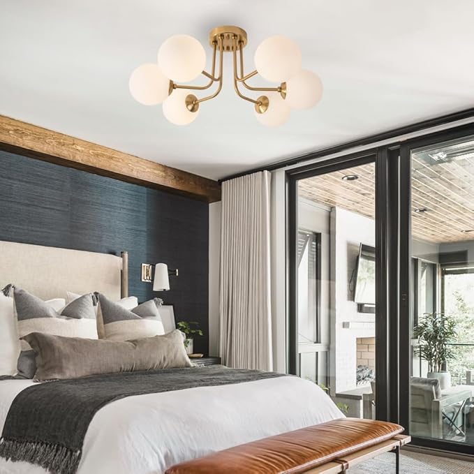 Modern Semi Flush Mount Ceiling Light,Gold White Glass Shade Semi Ceiling Light 6-Light,Sputnik Chandeliers for Bedroom Living Room Hallway Dining Room Lighting Fixture