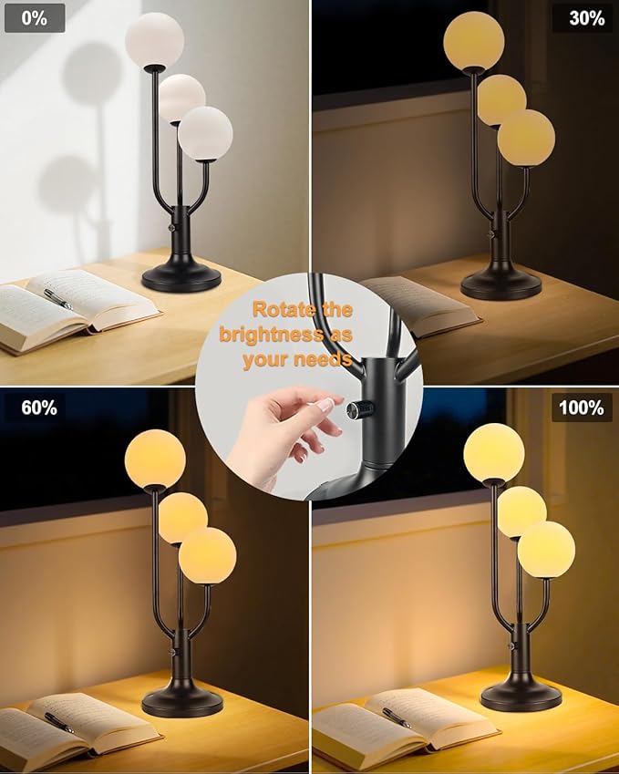 Lightdot Modern Black Globe Table Lamp Dimmable Mid Century 3-Light Desk Lamp 3000K Warmwhite Nightstand Lamp for Bedroom Bedside End Table(G9 Bulb Included)