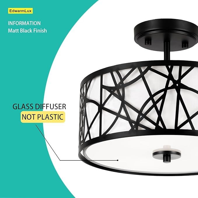 3-Light Semi Flush Mount Ceiling Light, 12.6" Drum Light with White Fabric Shade, Modern Close to Ceiling Lamp for Living Room Bedroom Dining Kitchen Hallway Entry Foyer (Matt Black)