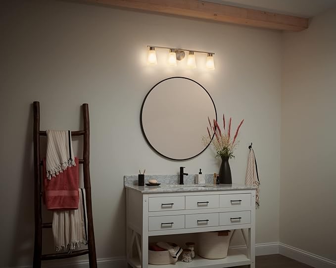 Kichler Stamos 3-Light Bathroom Vanity Light Fixture with Satin Etched Glass Shades, 22 in Modern Wall Mount Light in Brushed Nickel for over Mirror (22 in x 5 in x 8 in), 55121NI
