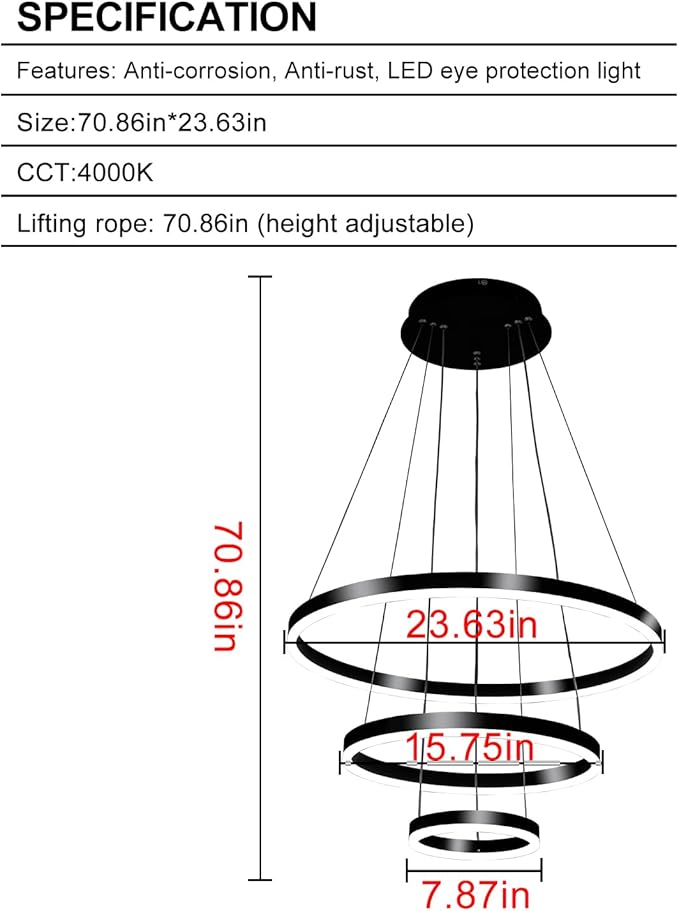Viruhaka Modern LED Pendant Light, Black Circular Chandelier Fixture, Adjustable Height Circular Entrance Pendant Light, Suitable for Restaurants, Kitchens, Islands, Living Rooms, Cafes, Etc. (4000K)
