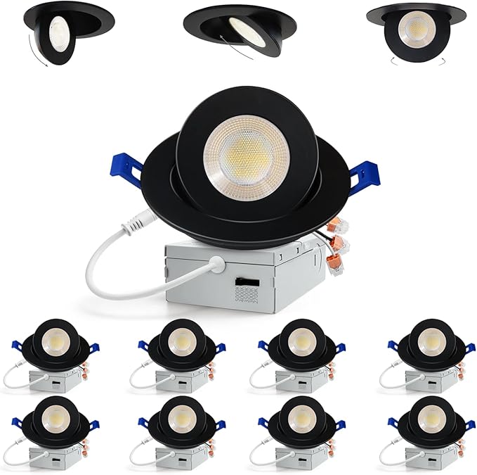 Adetu 4 inch 5CCT Gimbal Black Led Recessed Lights, 360°+90° Adjustable Directional Recessed Lighting, 2700K/3000K/3500K/4000K/5000K Dimmable Eyeball Canless Downlight with Jbox, ETL (Black, 8 Pack)