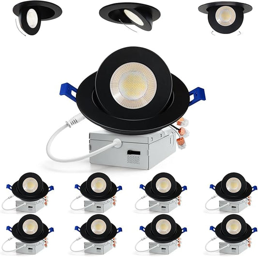 Adetu 4 inch 5CCT Gimbal Black Led Recessed Lights, 360°+90° Adjustable Directional Recessed Lighting, 2700K/3000K/3500K/4000K/5000K Dimmable Eyeball Canless Downlight with Jbox, ETL (Black, 8 Pack)