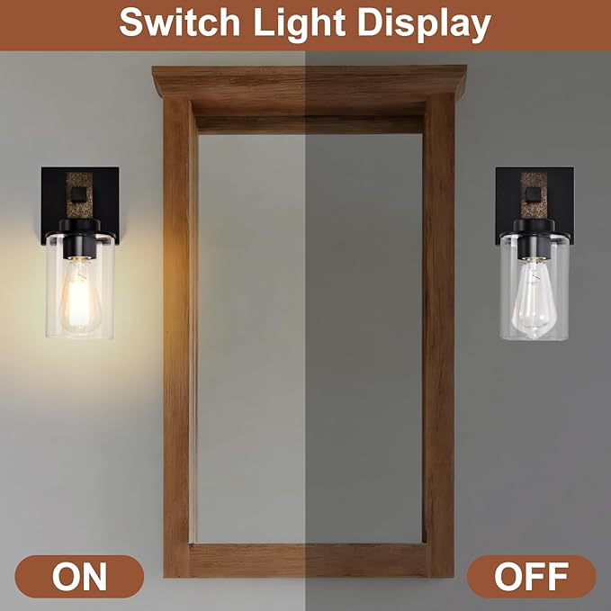 Rustic Wall Sconces Set of 2,Hardwired 1-Light Brown Wood Farmhouse Sconce with Clear Glass Cylinder Shade,Matte Black Metal Wall Light,E26 Indoor Bathroom Vanity Fixture for Mirror,Bedroom,Hallway