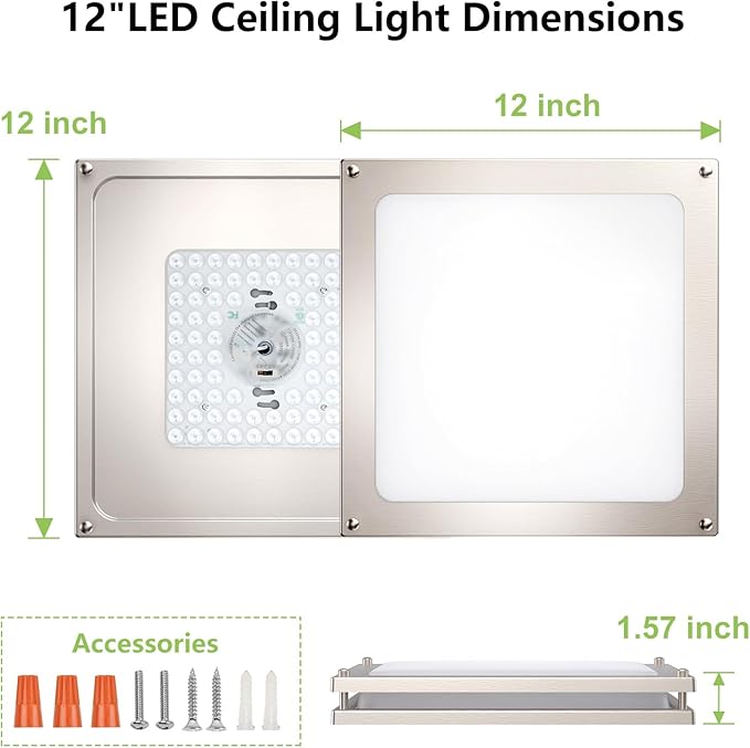 Square Flushmount Ceiling Light - 36W 3000K/3500K/4000K/5000K/6000K Dimmable Bright Led Light for Bathroom Bedroom Kitchen Hallway (2 Pack Brushed Nickel (5CCT), 12 Inch)