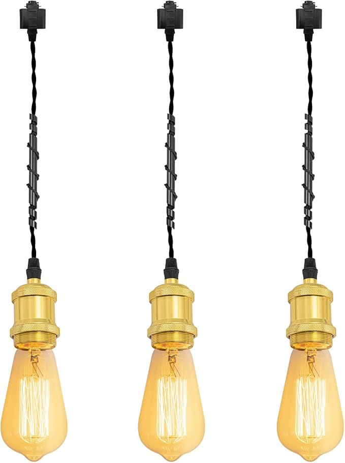 Kiven H-Type Track Lighting Pendants,Vintage Track Lighting Heads Adjustable Height, 3 Light Decorative h Track Pendant Lights, Bulb Not Included,Bright Gold Finish