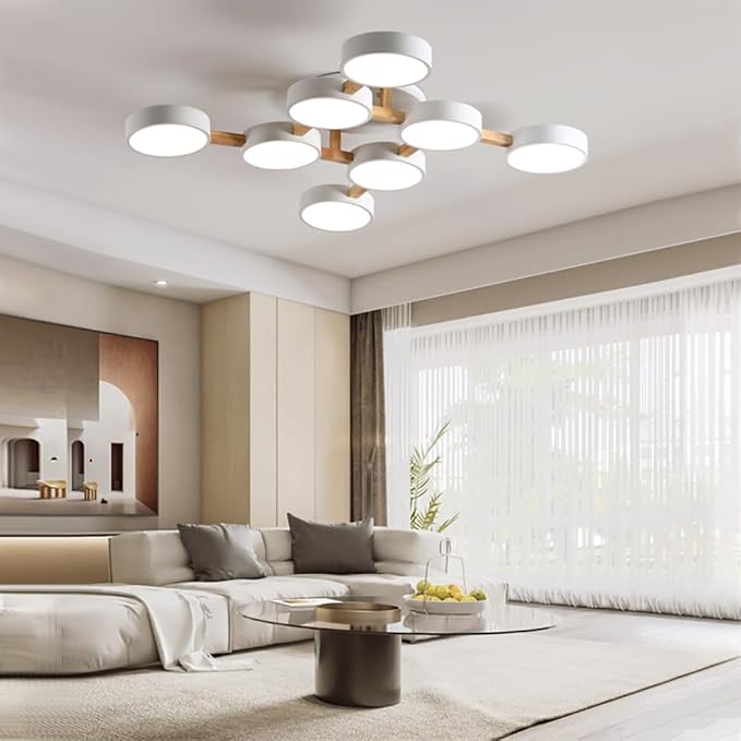 LED Ceiling Light Fixture,44 Inch 8-Lights Modern Ceiling Lights Flush Mount Wooden 96W Chandelier for Living Room Bedroom Kitchen,Dimmable 3000K/4000K/6000K Temperatures Selectable, White