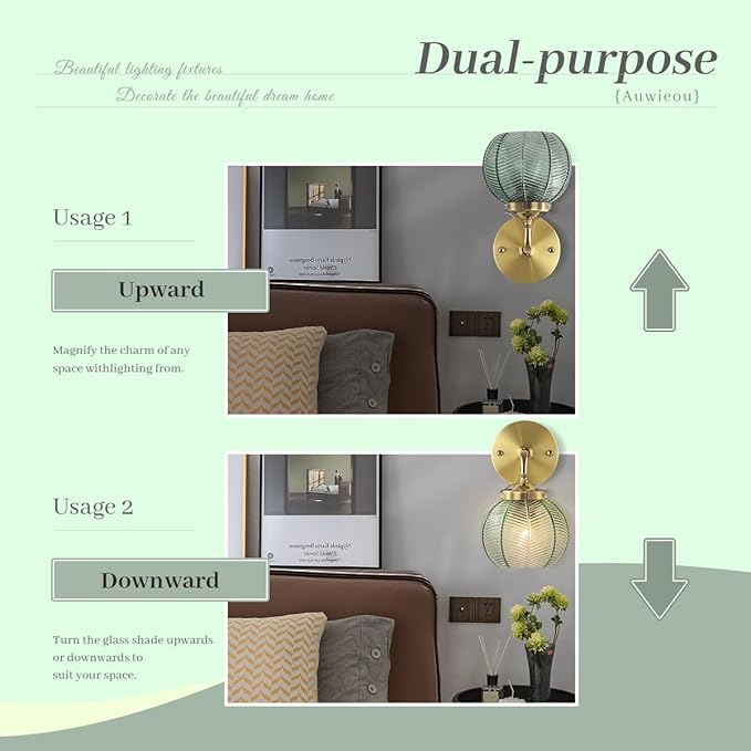 Gold wall Sconce Vintage Wall Sconces Light Wall lamp with Ribbed Green Glass Shade mid Century Modern Bathroom Vanity Light Art Deco Vanity Lights Over Mirror Bedroom Hallway Living Room