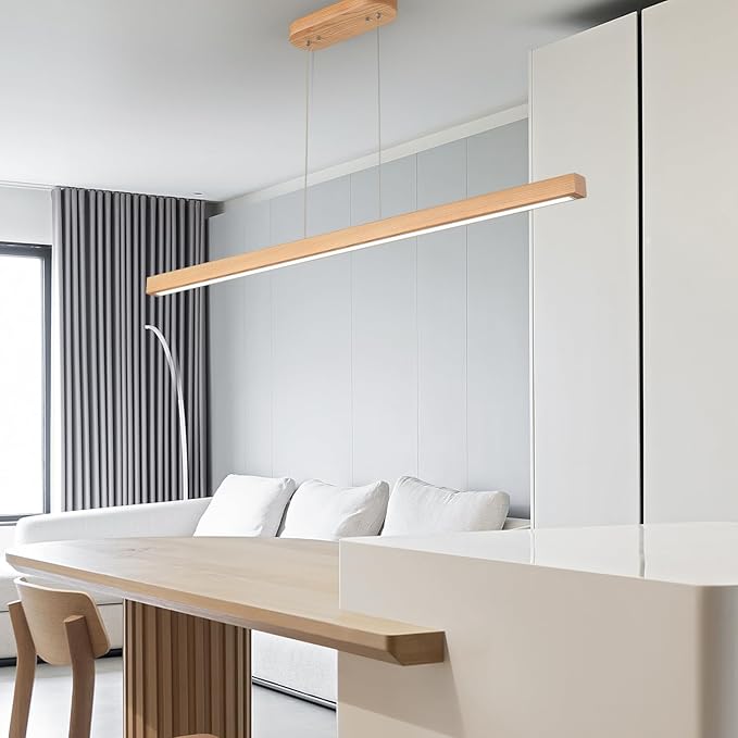 YISDESIGN 59" Wood Linear Pendant Light Fixtures Led Dining Room Chandelier Linear Kitchen Island Hanging Lights Dimmable Modern Pendant Light for Dining Room Kitchen Island Pool Table Lights Natural