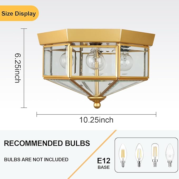 Flush Mount Outdoor Ceiling Light Fixture, 4 Light Exterior Porch Ceiling Lights with Clear Glass, Gold Farmhouse Lighting for Indoor Hallway Kitchen Stairway