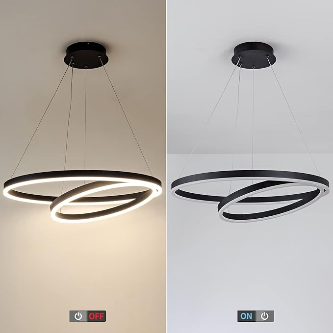 Modern LED Ring Pendant Hanging Round Ceiling Light Fixture,Adjustable LED Pendant Light with 2 Rings for Living Room,Dining Room, Bedroom Warm White Light 4000K,（Black）