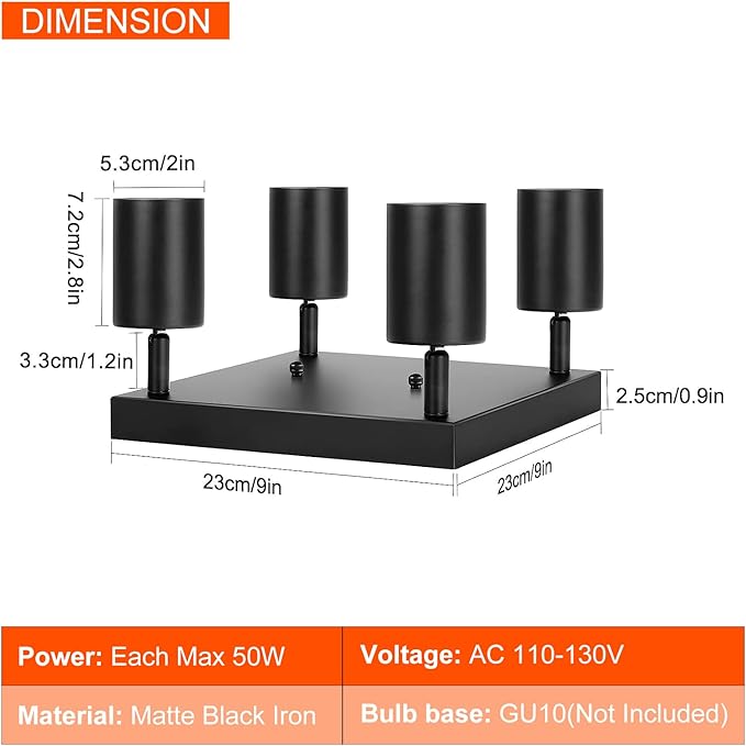 Ketom Ceiling Spot Lights Indoor: 4 Lights Led Flush Mount Ceiling Light Fixture GU10 Head Modern Black Adjustable Directional Light for Kitchen Bathroom Bedroom Hallway