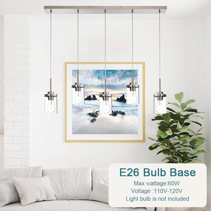 5 Lights Island Lights for Kitchen Modern Industrial Brushed Nickel Linear Chandeliers with Clear Glass Shade for Dining Room Kitchen Long Finish Ceiling Lighting Fixtures