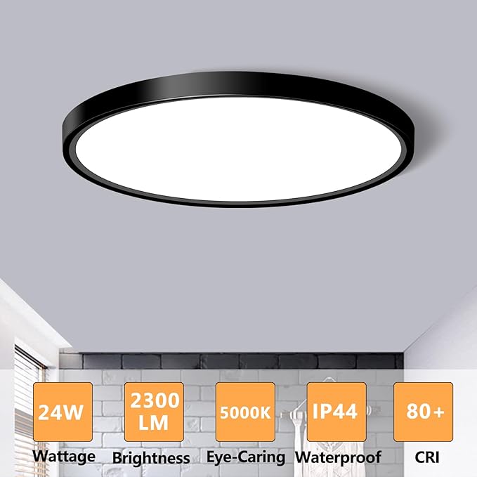CHARYJOD LED Flush Mount Ceiling Light Fixture, 12Inch 24W Led Ceiling Light 5000K 2300LM Ultra Thin Flat Surface Panel Light Low Profile Ceiling Light for Bedroom Kitchen Bathroom Garage Living Room