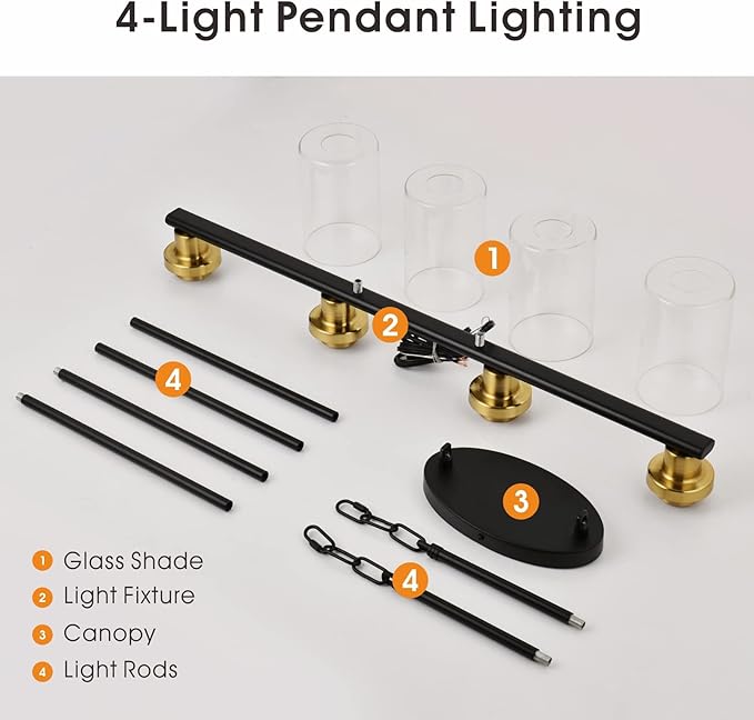 Island Lights for Kitchen, 4-Light Farmhouse Dining Room Light Fixtures Over Table, Matte Black and Gold Linear Chandeliers for Dining Room，Industrial Pendant Lighting with Clear Glass Shade