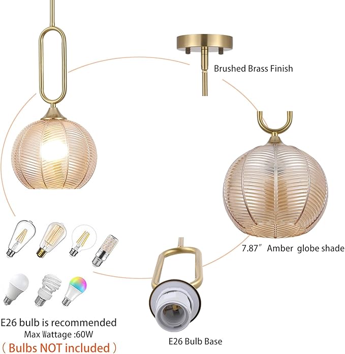 Amber Glass Pendant Light Set of 2 Modern Globe Pendant Lighting Nordic Ribbed Gold Ceiling Hanging Chandelier with Brushed Brass Adjustable Rods Dining Room Kitchen Island Light Fixture