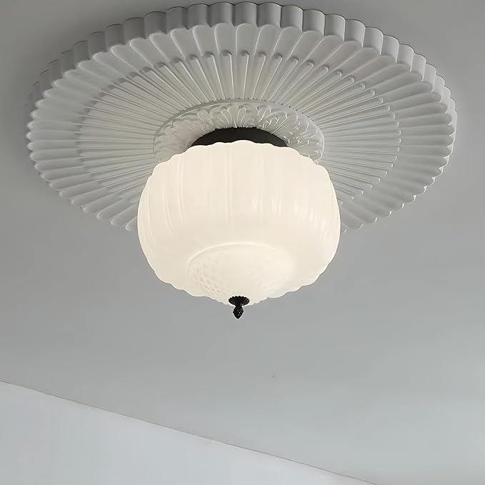 Milk Glass Semi Flush Mount Ceiling Light, 12" Mid Century Modern Schoolhouse Close to Ceiling Light Fixtures, Black White Vintage Light fixtures For Bedroom Kitchen Living Room Entryway Hallway Foyer