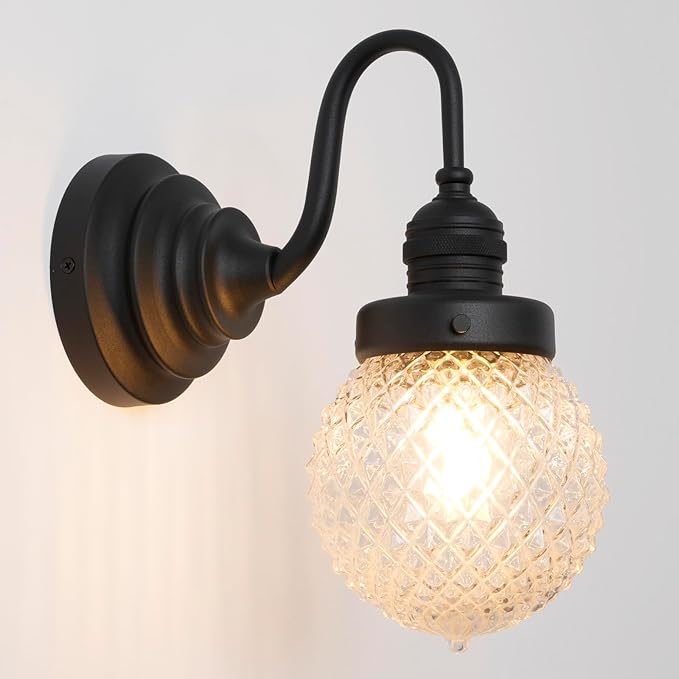 Vintage Farmhouse Wall Sconce Black Bathroom Sconces with Round Pineapple Pattern Clear Glass Shade Hardwire Wall Mounted Lamp for Bathroom Living Room Bedroom Kitchen E26 Indoor