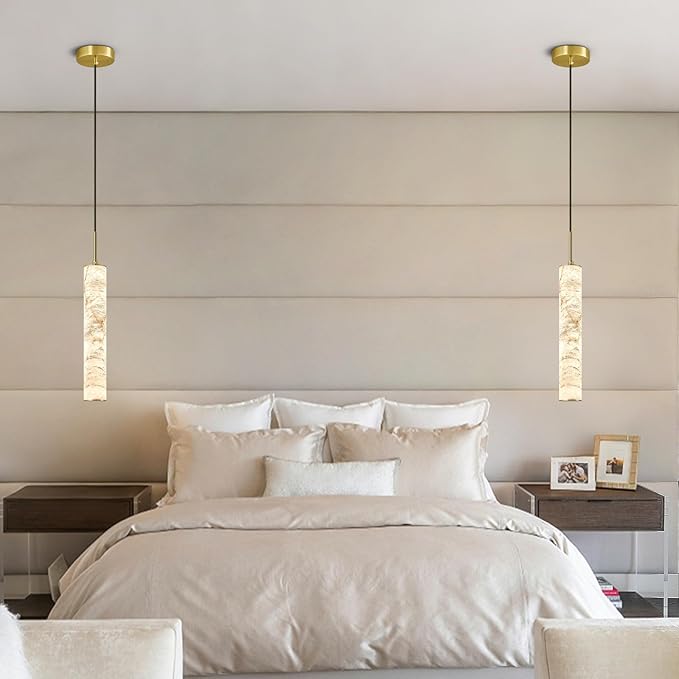 LMQNINE Natural Alabaster Pendant Lights for Kitchen Island White Marble Long Tube Chandelier 4000K Modern Gold Ceiling Light Fixtures for Bedroom Dining Room Table Living Room Hallway(M-1Pack)