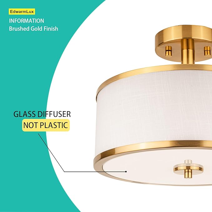 3-Light Semi Flush Mount Ceiling Light Fixture, 12.6" Gold Drum Light with White Fabric Shade, Modern Close to Ceiling Light for Living Room Bedroom Dining Room Kitchen Hallway Entry Foyer