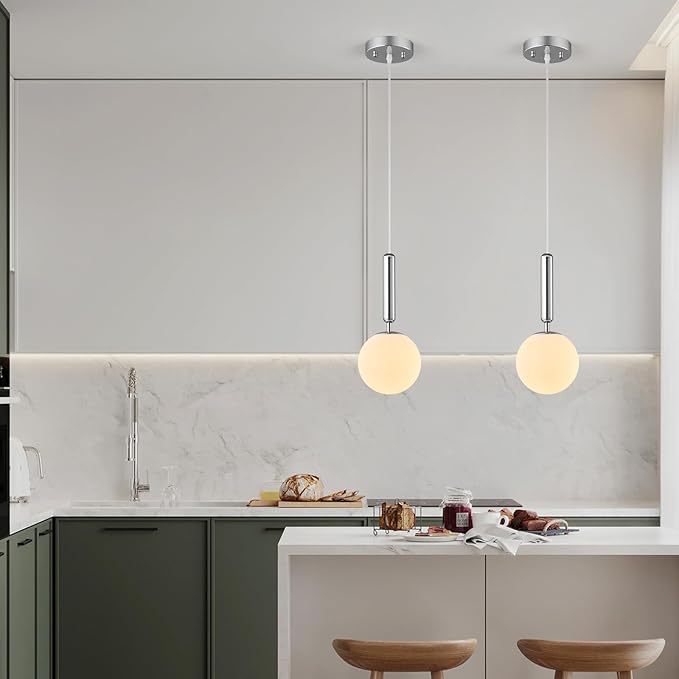 Modern Hanging Light Fixture Pendant Lighting for Kitchen Island Mid Century Chrome Pendant Lights with Globe Milky White Glass Pendant Light for Bedroom Bathroom Entryway (3 Pack)