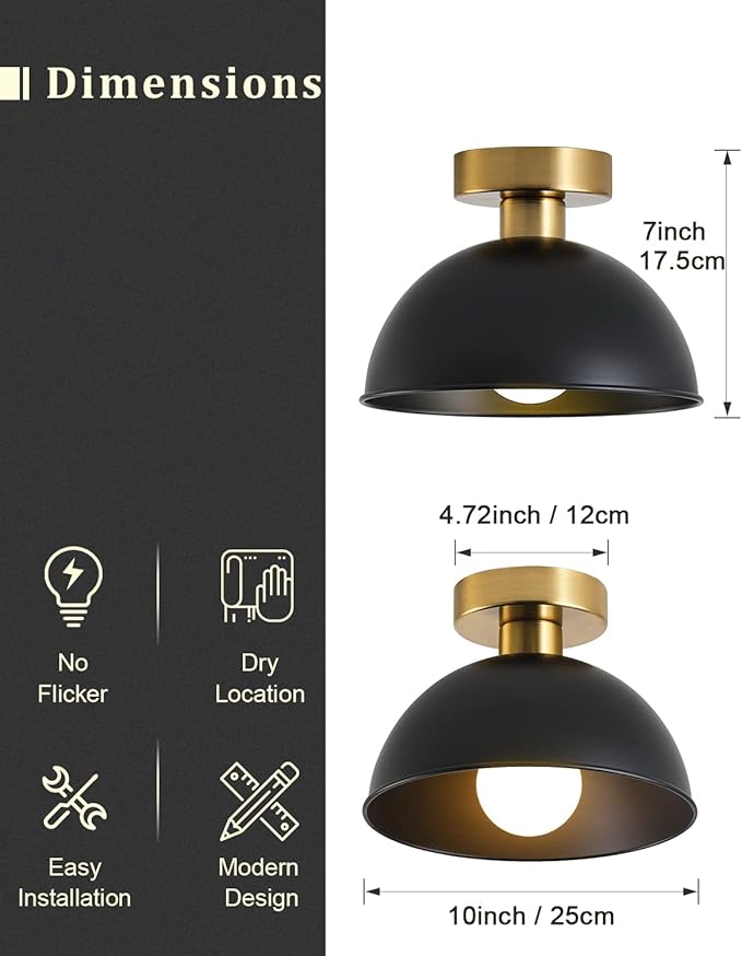 2 Pack Semi Flush Mount Ceiling Light with Gold Plate and Matte Black Shade, Farmhouse Ceiling Light Fixture for Kitchen Island Foyer Hallway Porch(2 Pack Black)