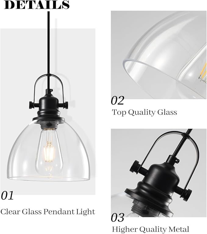 Kitchen Pendant Lighting Over Island 3 Pack, 7.5” Black Pendant Lights Kitchen Island, Farmhouse Glass Pendant Lights Kitchen Island, Industrial Pendant Light for Kitchen, Bedroom, Bathroom
