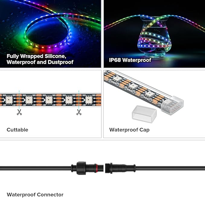 BTF-LIGHTING IP68 Waterproof Outdoor WS2815(Upgraded WS2812B) RGB LED Strip Individually Addressable 5050SMD Dual Signal DC12V 16.4ft 300Pixel Can Work Outdoor White PCB(No Adapter or Controller)