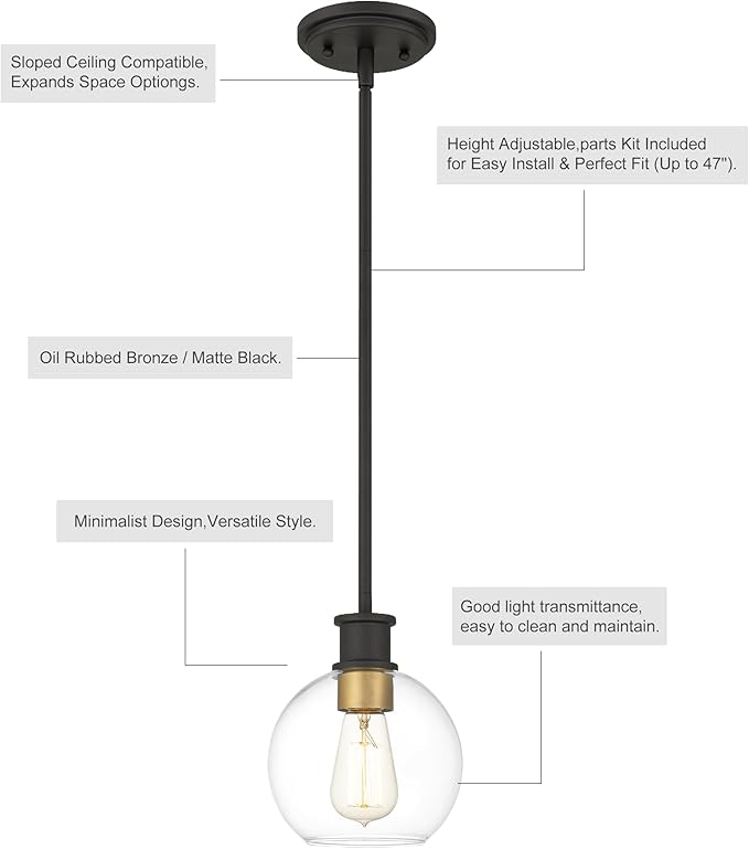 Tawson Black and Gold Pendant Light, Modern Globe Pendant Light, Island Pendant Lights with 6.5 inch Clear Globe Glass Shade for Kitchen Island, Hallway, Entryway, Dining Room, Bedroom