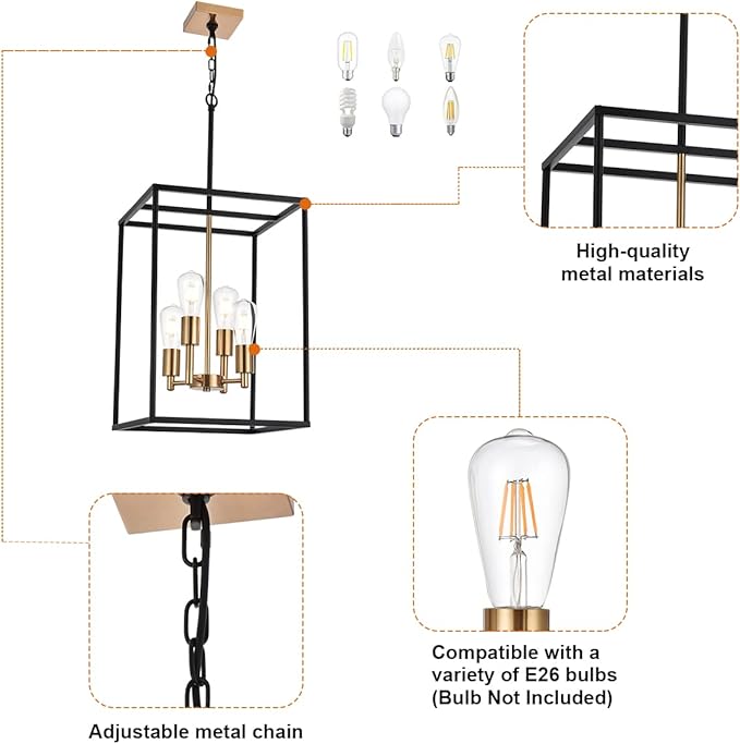 VINLUZ Retro 4 Light Large Farmhouse Chandelier Rustic Dining Room Lighting Fixtures Hanging in Black and Brushed Brass Finish Metal Square Cage Pendant Lighting for Kitchen Island