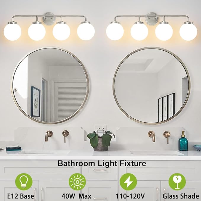 Bathroom Light Fixtures Over Mirror, Brushed Nickel Modern Vanity Lighting with Milk White Glass Globe Shades 4-Light Farmhouse Wall Sconce