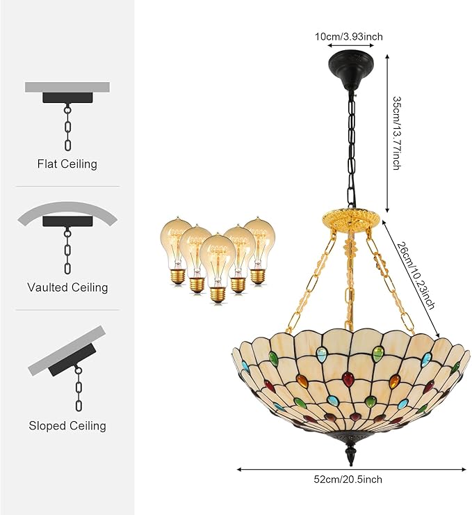 Vintage Pendant Light Fixtures, 20.5in Stained Glass Ceiling Pendant for Dining Room, Antique Style Hanging Lamp for Living Room Kitchen Entryway-E26