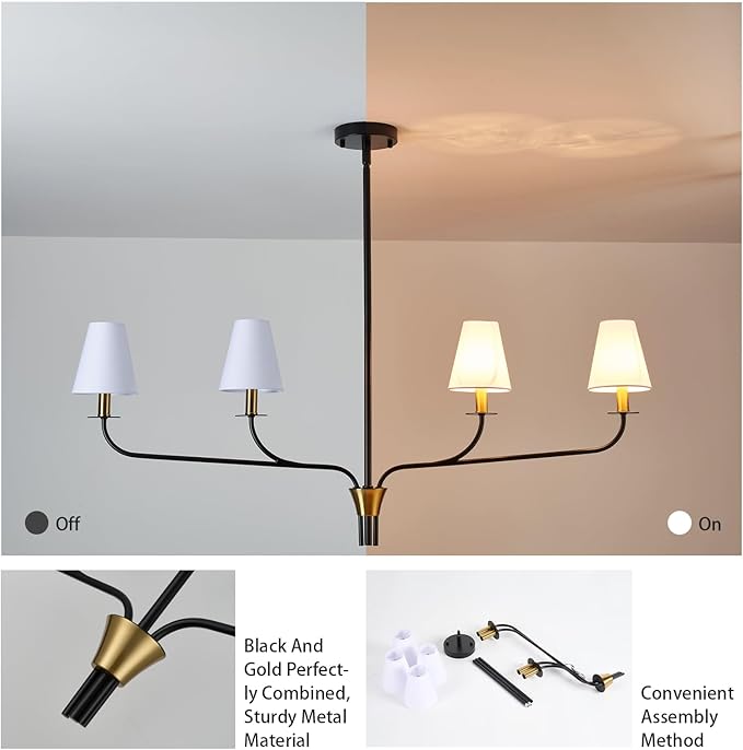 Modern 42" Linear Chandelier for Kitchen Island & Dining Room - 4-Light Black and Gold Finish with White Fabric Shades, Adjustable Hanging Pendant Light Fixture, E12