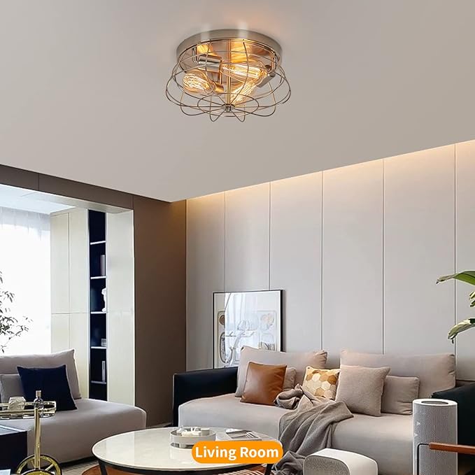 Flush Mount Ceiling Light Brushed Nickel Ceiling Light Fixture 3-Light Modern Flush Mount Ceiling Light Metal Cage Kitchen Ceiling Light Fixtures for Bedroom, Living Room, Hallway Foyer