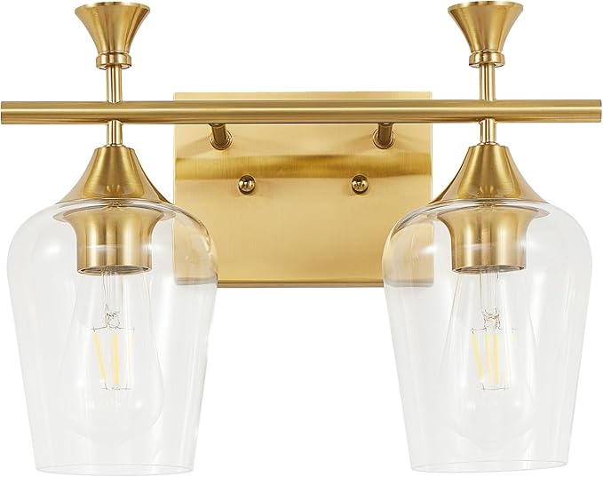 Bathroom Light Fixtures (2-Light, 14 Inch), Brushed Gold Vanity Lights for Bathroom with Clear Wine Glass Glass Shade, Modern Vanity Wall Lights for Mirror Bedroom Living Room Kitchen Hallway Porch
