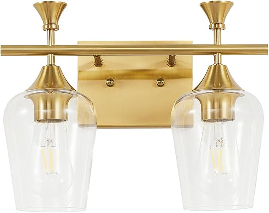 Bathroom Light Fixtures (2-Light, 14 Inch), Brushed Gold Vanity Lights for Bathroom with Clear Wine Glass Glass Shade, Modern Vanity Wall Lights for Mirror Bedroom Living Room Kitchen Hallway Porch