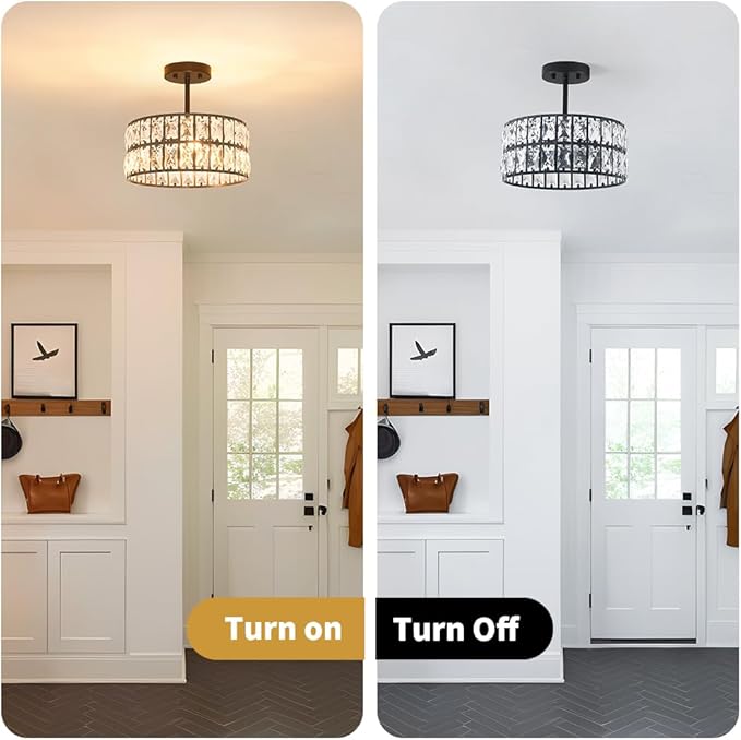 Matte Black Crystal Ceiling Light, Modern Semi Flush Mount Ceiling Lighting, Hallway Lighting Fixtures, Small Chandelier Light Fixture for Kitchen Entryway Bedroom Dining Room, 3-Light, 12 Inch
