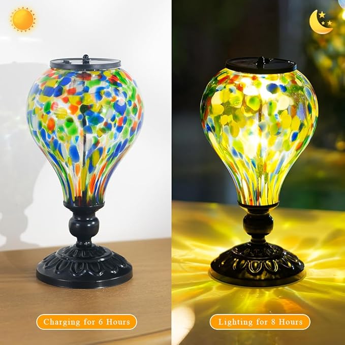 Outdoor Solar Lantern Waterproof Glass Table Lamp 9.8" H Hot Air Balloon Solar Lanterns Led Garden Lights for Patio Desk Garden Yard Tabletop Decor Ideal Gifts(Colorful Spots)