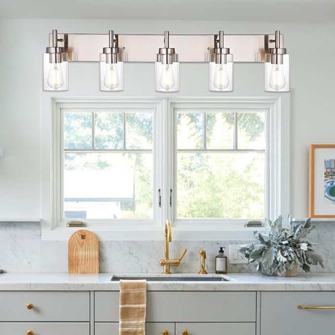 VINLUZ 5 Lights Bathroom Vanity Light Fixture Brushed Nickel Sconces Wall Lighting Modern Industrial Indoor Wall Mounted Lamp for Kitchen Living Room Dining Room (Patent No.: US D958,438 S)