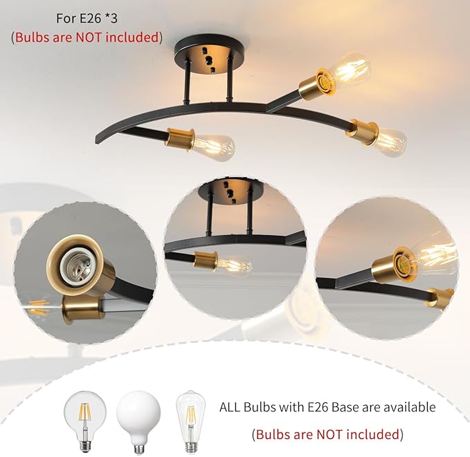 Modern Black and Gold 3-Lights Sputnik Chandelier Semi Flush Mount Ceiling Light Fixture for Entrance,Hallway,Kitchen,Bedroom