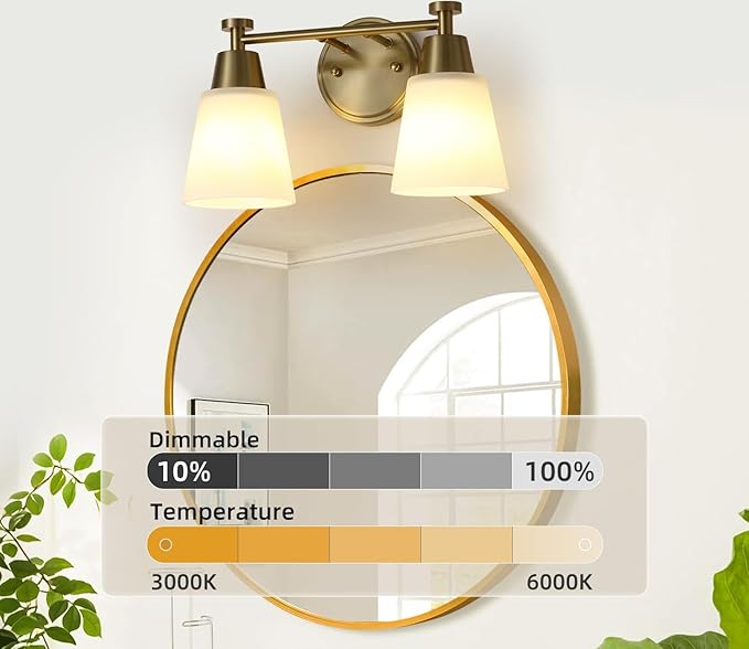 2-Light Bathroom Vanity Light, Gold Finish with Milk Glass Shades, Over Mirror, for Bathroom Vanity