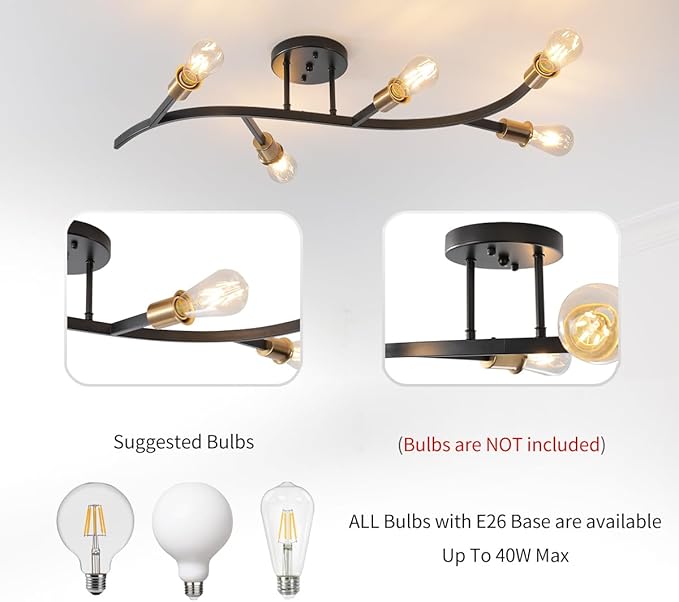Modern Sputnik Semi Flush Mount Ceiling Light Fixture Black and Gold,5-Lights Mid Century Sputnik Chandelier for Dining Room,Kitchen,Hallway,Laundry Room,Bedroom(Bulbs Not Included)