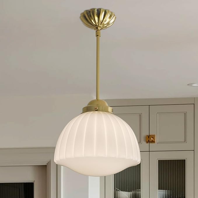 Milk Glass Pendant Light, 11" Brass Semi Flush Mount Pendant Light, Antique White Pleated Glass Chandelier, for Kitchen Island Lighting, Hallway, Bedroom, Dining Room, Foyer, E26 Bulb Included