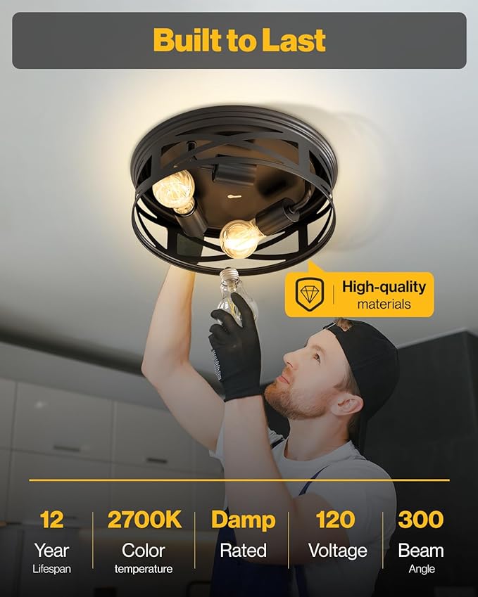 Sunco Farmhouse 3-Light Flush Mount Ceiling Light Fixture, Hallway Matte Black Outdoor Lights, Anti-Corrosive, E26 Base, A19 Edison LED Bulbs Included, for Hallway Kitchen Bathroom 2 Pack