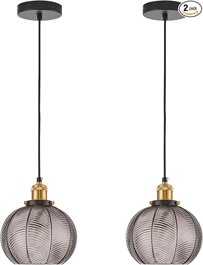 7.8in Vintage Pendant Light 2- Light Kitchen Sink Pendant Lights with Smoke Sray Hand Blown Glass Small Hanging Lamp for Kitchen Island Dining Room Bedroom Bathroom Hallway E26