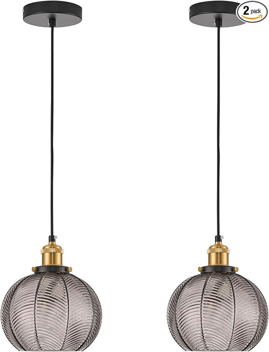 7.8in Vintage Pendant Light 2- Light Kitchen Sink Pendant Lights with Smoke Sray Hand Blown Glass Small Hanging Lamp for Kitchen Island Dining Room Bedroom Bathroom Hallway E26