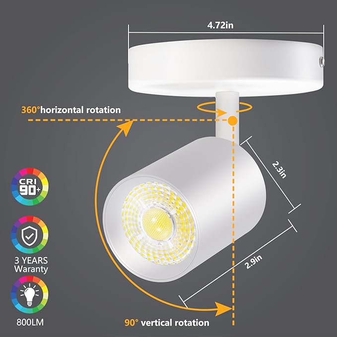 VANoopee Flush Mount LED Ceiling Spotlight Dimmable Adjustable Spotlight Directional Spot Lights Indoor Bright Can Accent Fixture for Living Room - CRI90 Flicker Free 10W 800lm 3000K White 2 Pack
